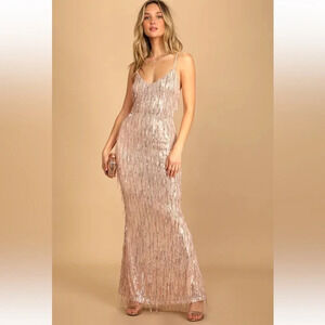 LULUS Endless Festivities Rose Gold Sequin Fringe Lace-Up Maxi Dress Formal Gown